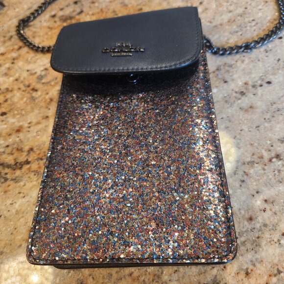 Coach North/South Phone Crossbody Rainbow Navy Blue Glitter Limited Edition - Picture 1 of 15